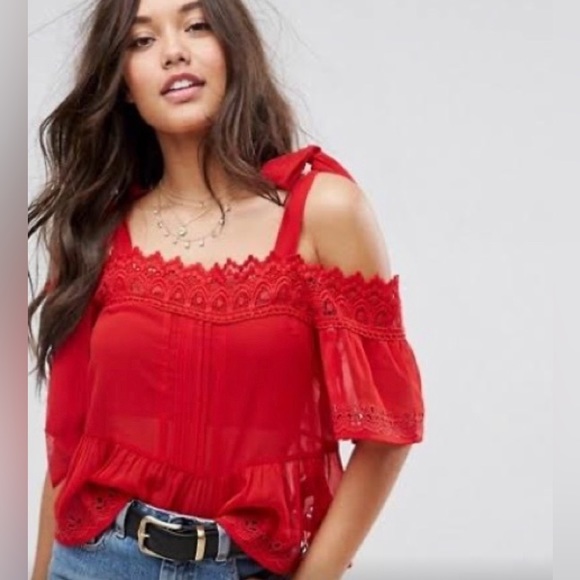 Size 16 Asos Red Lace Tie Shoulder Boho Top - Picture 3 of 10